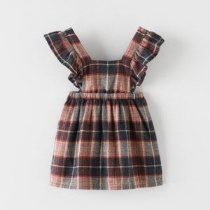Zara plaid jumper dress. Navy, tan and browns with ruffles and buttons on back.